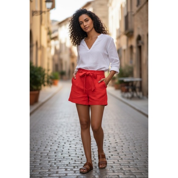 ANTONIO MELANI Pants - Antonio Melani Linen‎ Blend Belted Paperbag Waist Shorts Red Size 12